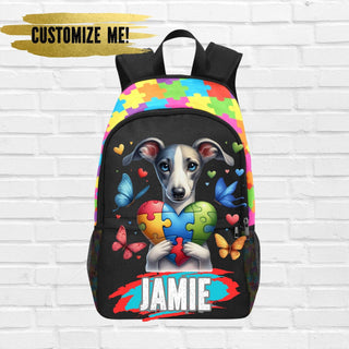 a backpack with a picture of a dog holding a puzzle