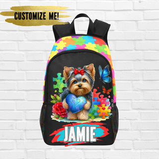 a colorful backpack with a picture of a dog on it