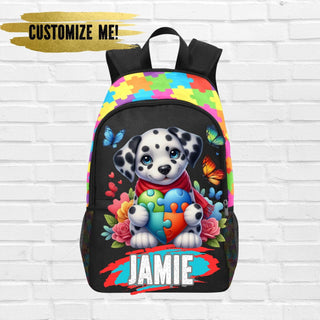 a colorful backpack with a dalmatian puppy on it