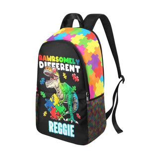 a colorful backpack with a dinosaur on it