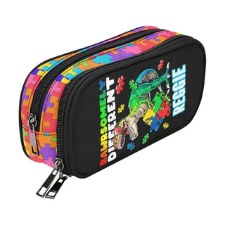 a colorful pencil case with a dinosaur on it