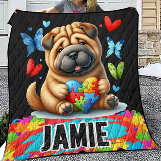 a woman holding up a blanket with a dog on it