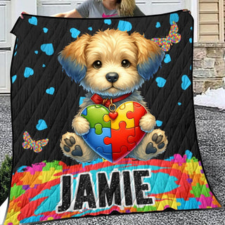 a woman holding a dog with a heart shaped puzzle