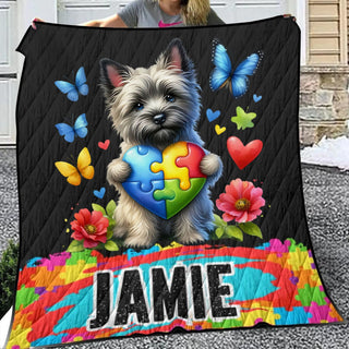 a woman holding a dog with a heart shaped puzzle