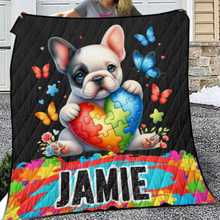 a woman holding a blanket with a picture of a dog holding a puzzle