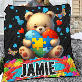 a girl holding a teddy bear holding a puzzle piece