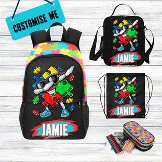 a back pack with a name tag and a picture of a cartoon character on it