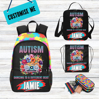 a back pack with a picture of a car and the words autism on it