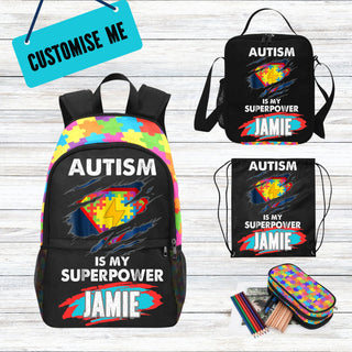 a back pack with the words autism is my super power and an image of a