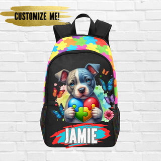 a colorful backpack with a picture of a dog holding a puzzle