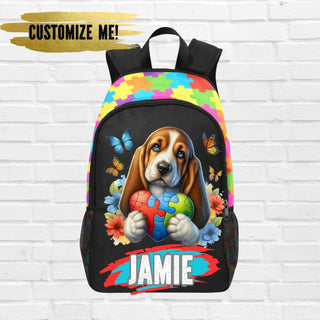 a backpack with a picture of a dog holding a puzzle piece