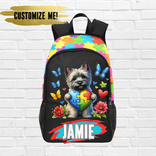 a colorful backpack with a dog holding a puzzle piece