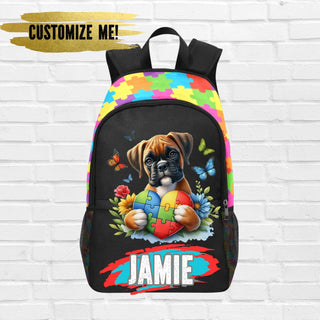 a colorful backpack with a dog holding a puzzle piece