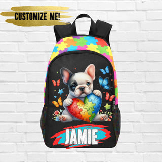 a backpack with a picture of a dog holding a puzzle