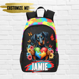 a backpack with a dachshund holding a puzzle heart