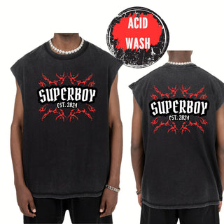 a man wearing a black t - shirt with the words superbboy on it