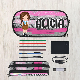 a pencil case with a picture of a girl on it