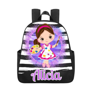 a backpack with a little girl holding a paintbrush