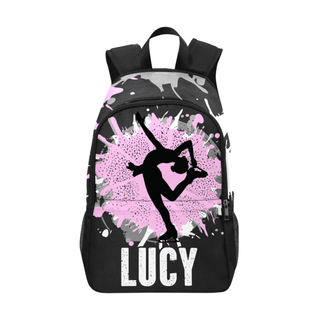 a black and pink backpack with a girl doing a dance pose