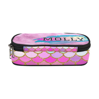 a pink and blue makeup bag with a name on it