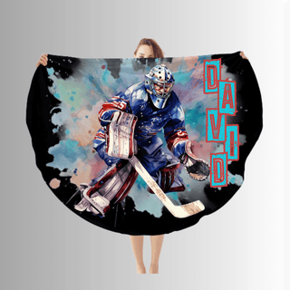 a woman holding a hockey scarf with a picture of a goalie on it