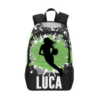 a black and green backpack with a basketball player on it