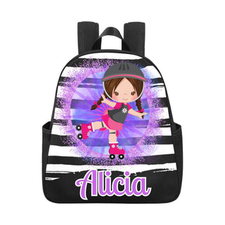 a backpack with a girl skateboarding on it