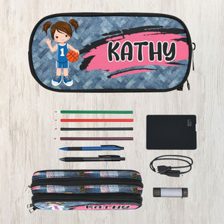 a pencil case with a girl holding a basketball ball