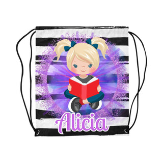 a drawsack bag with a girl reading a book