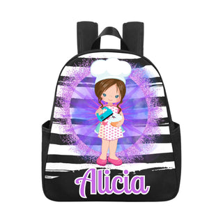 a backpack with a picture of a girl holding a cat