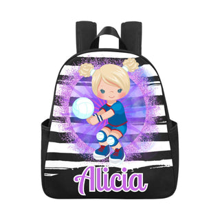 a backpack with a picture of a girl holding a ball