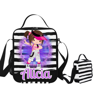 a black and white bag with a picture of a girl on it