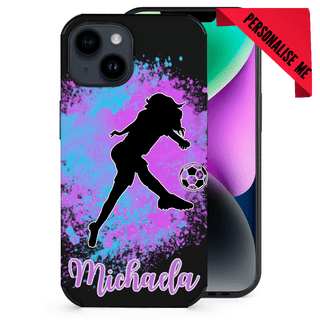 a phone case with a girl kicking a soccer ball