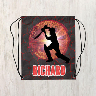 a drawstring bag with a picture of a man holding a baseball bat