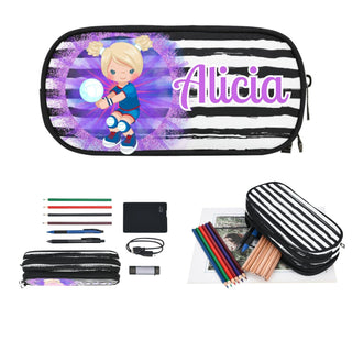 a pencil case with a picture of a girl holding a tennis ball