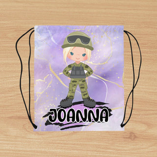 a bag with a picture of a girl in a military uniform