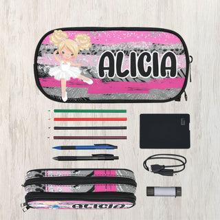 a pencil case with pencils, pens, and other items