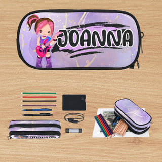 a pencil case with a picture of a girl holding a guitar