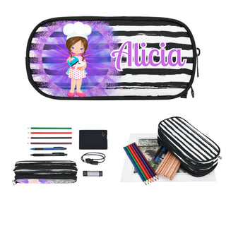 a pencil case with a picture of a girl on it