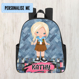 a backpack with a picture of a girl on it