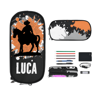 a pencil case with a picture of a man on a horse