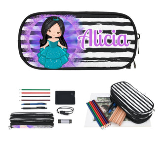 a pencil case with a picture of a girl on it