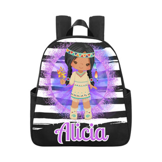 a black and white backpack with an image of a girl wearing a native headdre