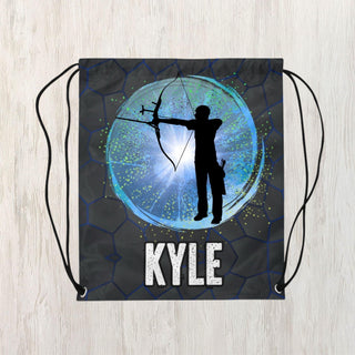 a drawstring bag with a silhouette of a man holding a bow