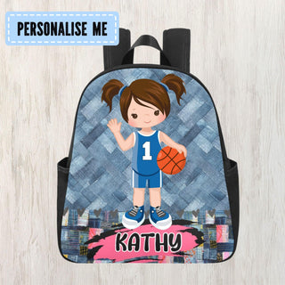 a personalized backpack with a girl holding a basketball