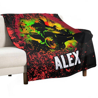 a black and red blanket with a motorcycle on it