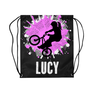 a black and pink drawsack bag with a picture of a person on a bike