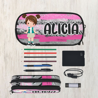 a pencil case with a girl on it