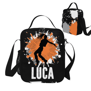 a black lunch bag with an orange and white design