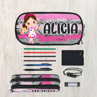 a pencil case with pencils, pens, markers, and other items